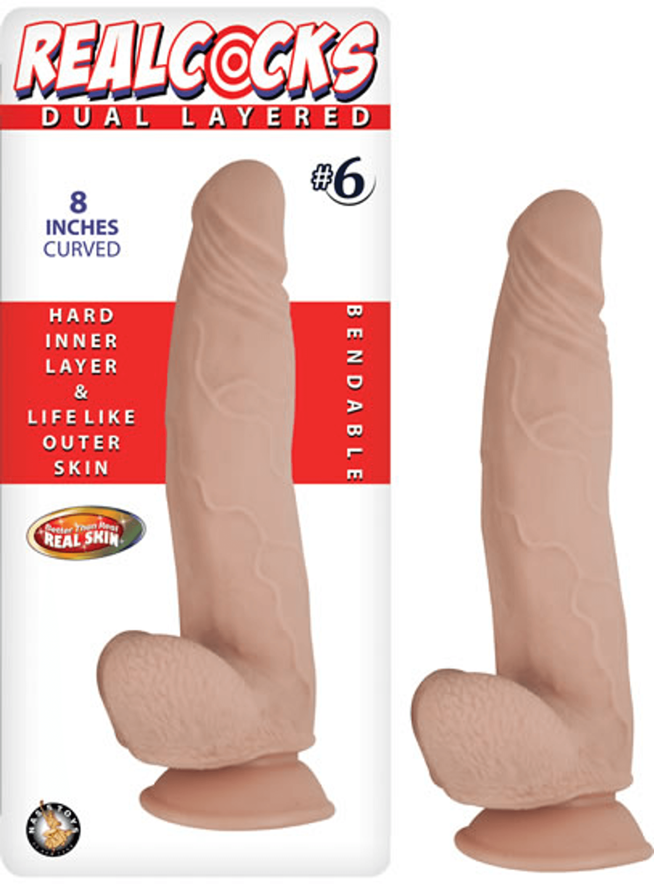 REAL COCKS DUAL LAYERED #6 FLESH CURVED 8 "